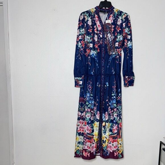 Dalia MacPhee Dress Large Black Pink Floral Button-Front Long Sleeve midi Size S - Picture 12 of 14